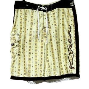 VINTAGE Kirra Board Shorts Size 38 Embroidered Logo Yellow and Brown Swim Trunks